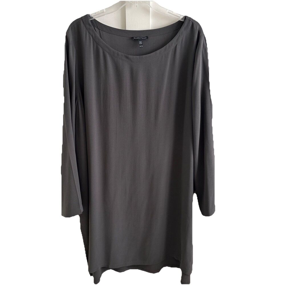 EUC Eileen Fisher 100% Silk Tunic Top Gray Blouse Long Sleeve XL